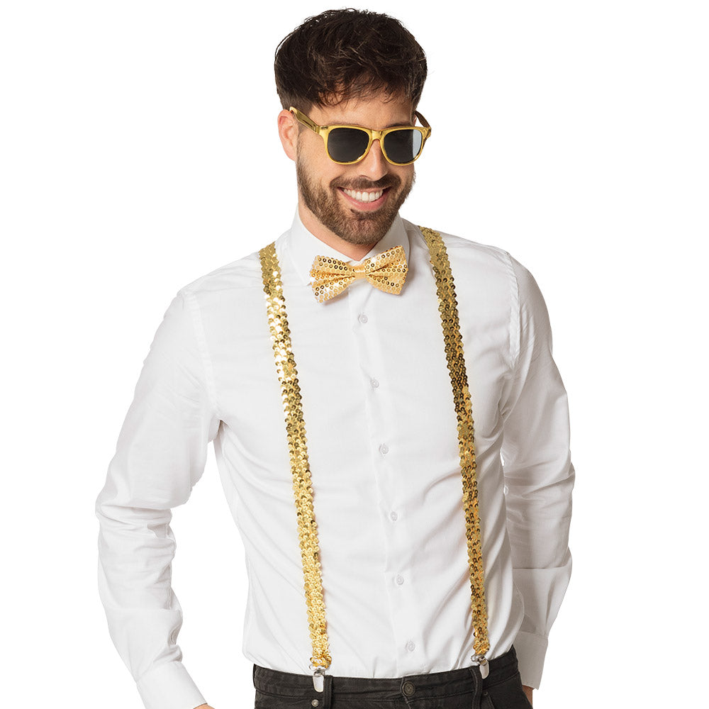 bretels bril en vlinderstrik goud