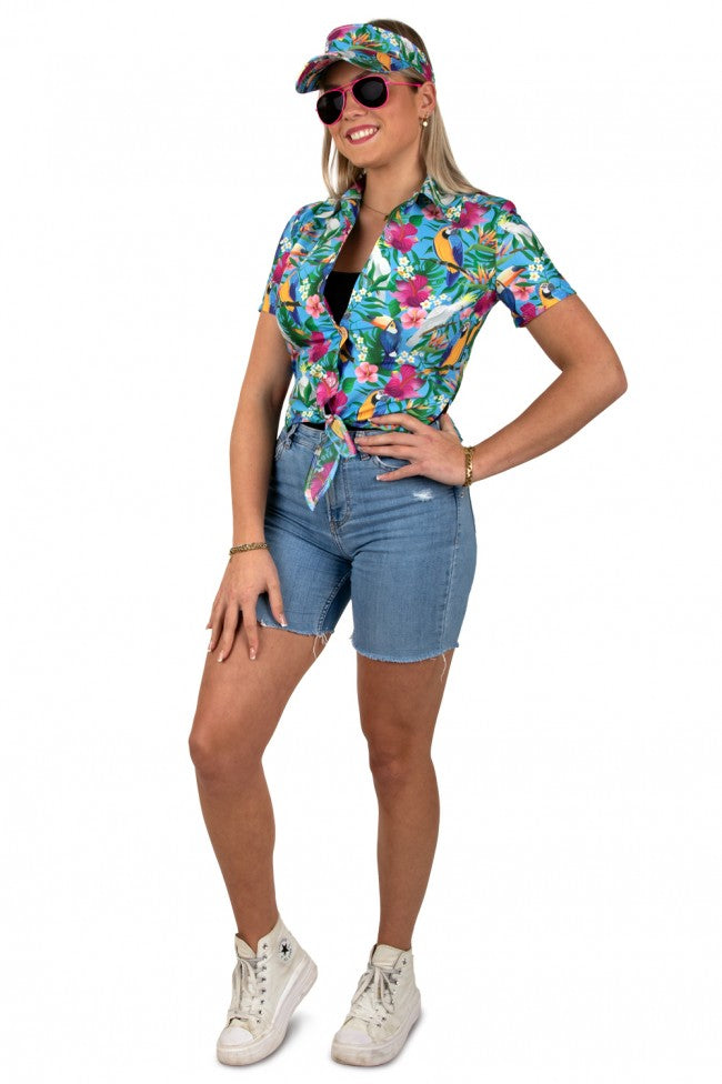 Tropical Damesblouse met gratis Zonneklep | Toppers Dames Shirt | Blauw