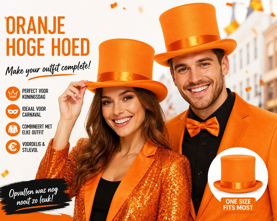 Oranje Hoge Hoed gedragen door man en vrouw met specificaties
