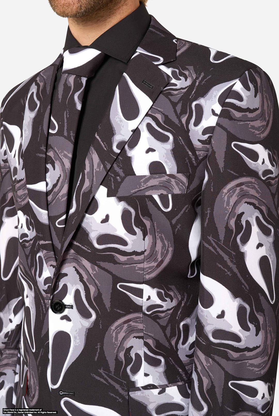 Close-up van het Ghost Face OppoSuits herenpak