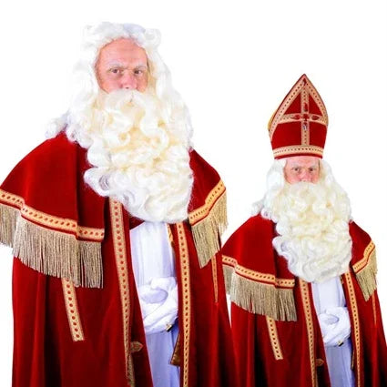 Sinterklaas kostuum met witte baard en pruik, rode mantel en mijter, feestaccessoire