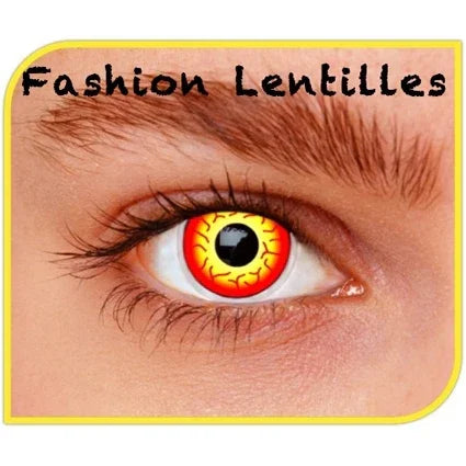 Rode en gele feestlens met vlammenmotief in oog, perfect voor carnaval of Halloween kostuum.