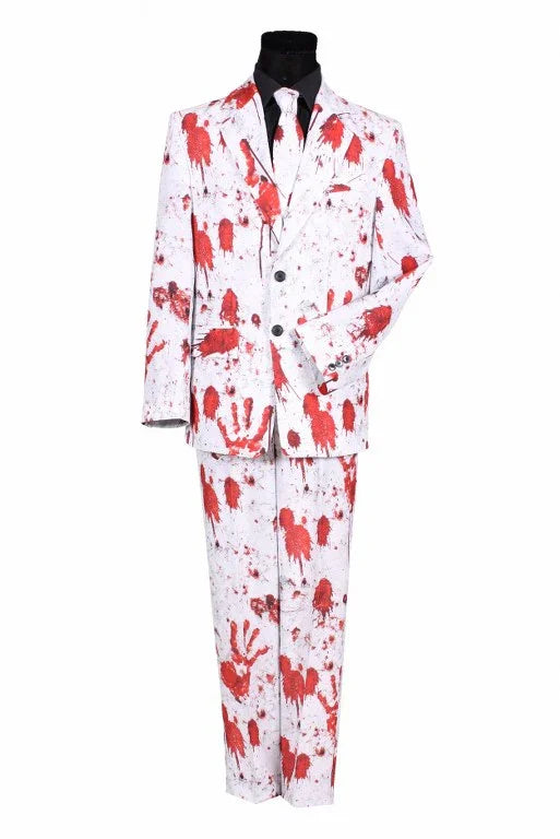 Wit kostuum met rode bloedspatten en handafdrukken, ideaal voor Halloween feestkleding