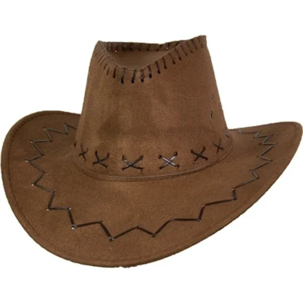 Bruine cowboyhoed met decoratieve stiksels, carnavalsaccessoire voor verkleedfeest.