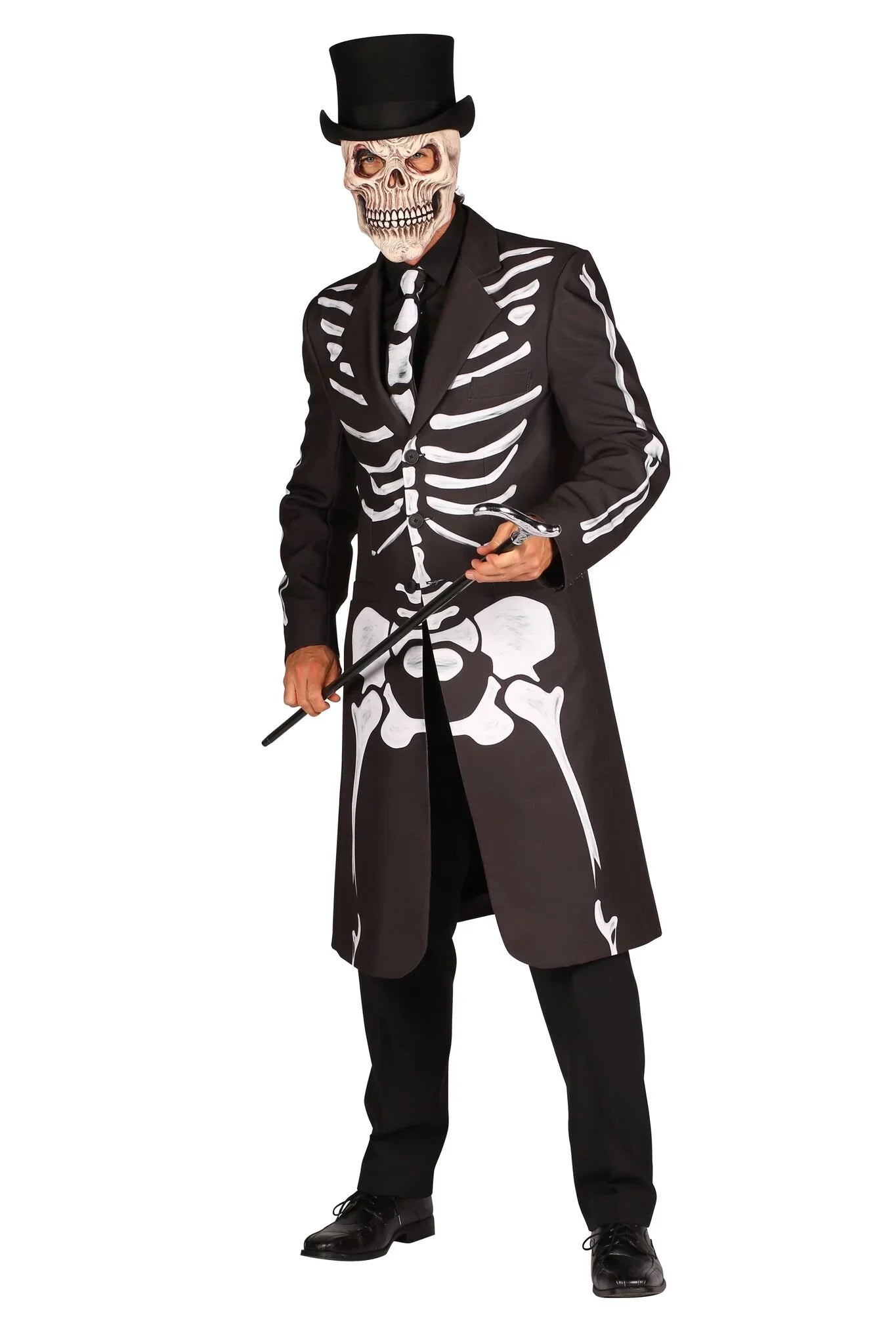 Skelet kostuum met jas, hoed en masker, Halloween feestkleding voor volwassenen