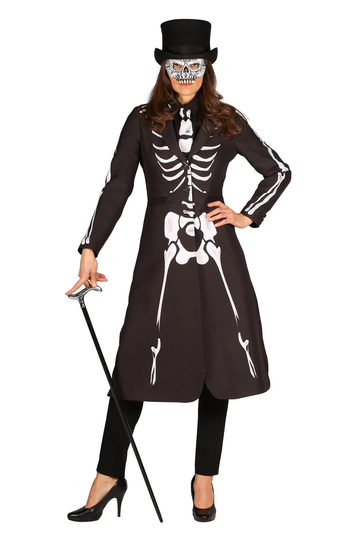 Vrouw in skelet kostuum met hoed en masker, perfect voor Halloween of carnaval feestkleding.