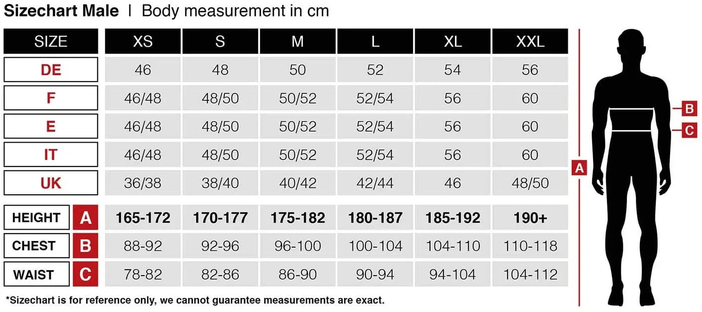 Maattabel mannen met Europese en UK maten, lichaamslengte, borstomvang en taille in cm.
