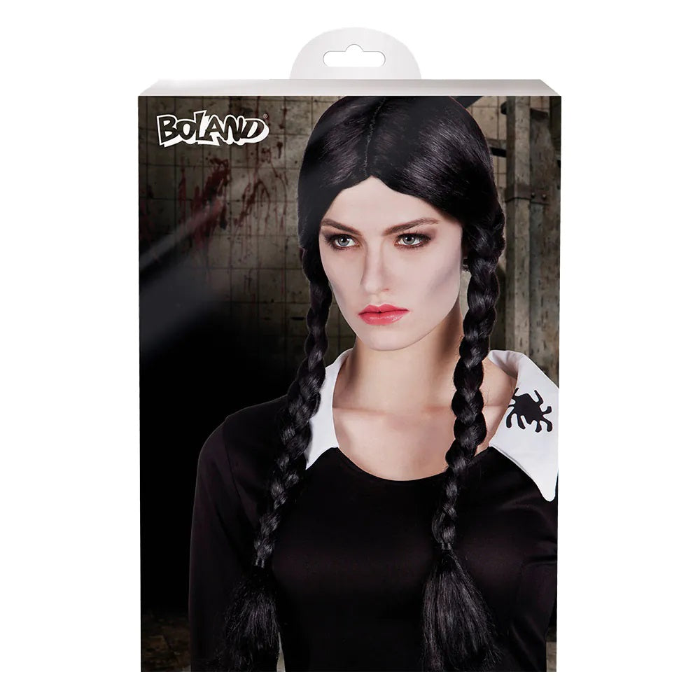 Zwarte Addams pruik met staartjes