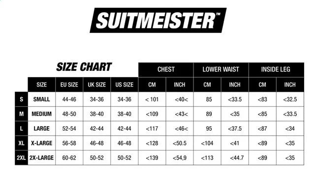 Suitmeister maattabel voor feestkleding pakken, met EU, UK, US maten en maten voor borst, taille en binnenbeen in cm en inch.