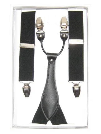 Zwarte leren bretels met metalen clips, feestaccessoire voor mannen in verpakking