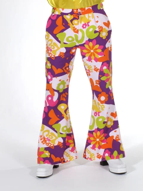 Hippie broek met kleurrijke bloemen en 'love' print, ideaal voor carnaval of feestkleding.