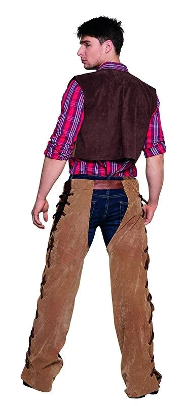 Achteraanzicht cowboy kostuum met bruine chaps en geruit overhemd, feestkleding carnaval