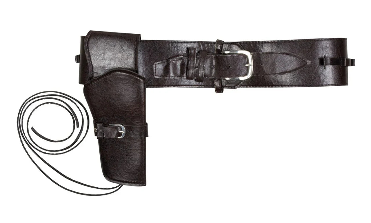 Bruine cowboyriem met holster en metalen gesp, carnaval accessoire op witte achtergrond