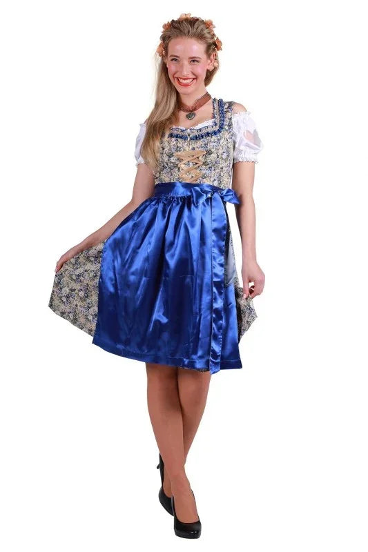 Vrouw in blauw oktoberfest dirndl jurkje met bloemenprint, feestkleding carnaval