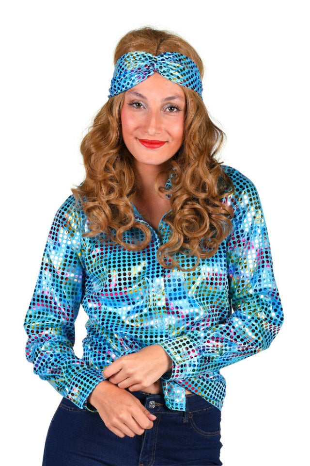 dames discoblouse glitter turquoise