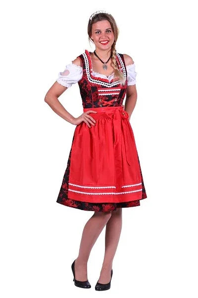 Vrouw in rood-zwart dirndl jurkje met witte blouse, feestkleding voor Oktoberfest