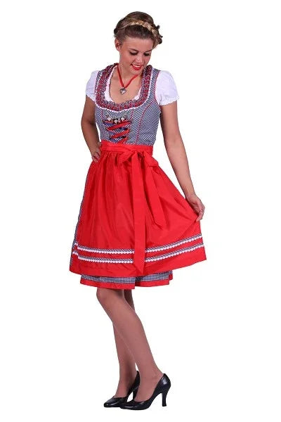 Vrouw in traditionele blauw-rode dirndl jurk, ideaal voor Oktoberfest of themafeest