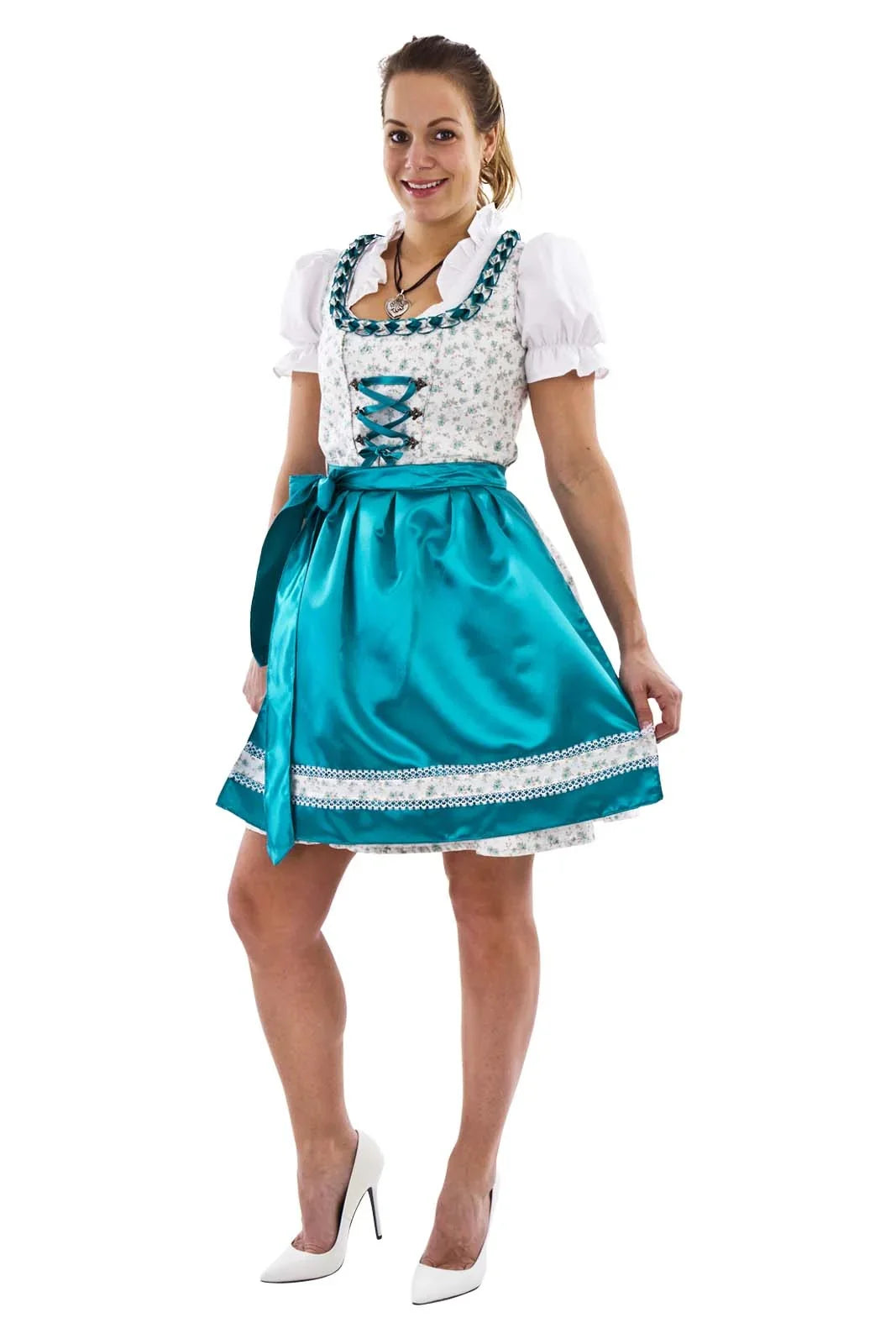 Dames dirndl jurkje met bloemmotief en petrolblauwe schort, Oktoberfest feestkleding.