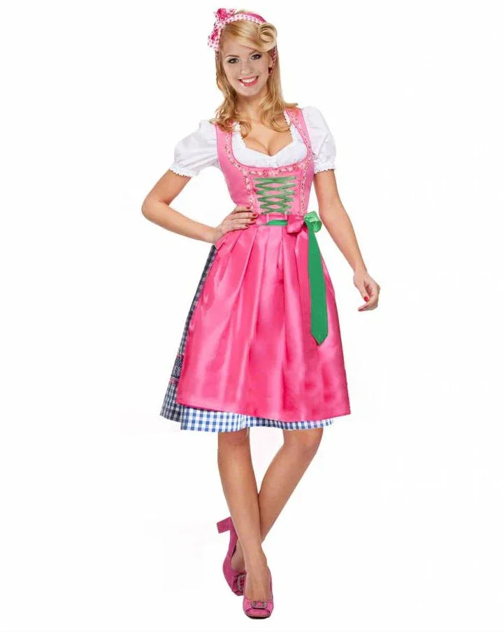Vrouw in roze en groene dirndl jurk, Oktoberfest feestkleding, witte achtergrond