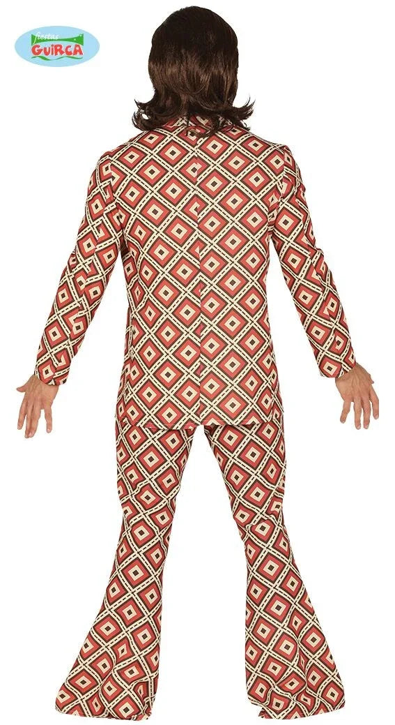 Retro jaren 70 feestpak met oranje geometrisch patroon, carnavals- of feestkleding heren