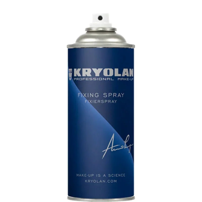 Kryolan fixeerspray voor make-up, blauwe spuitbus, geschikt voor feestkleding en schmink.