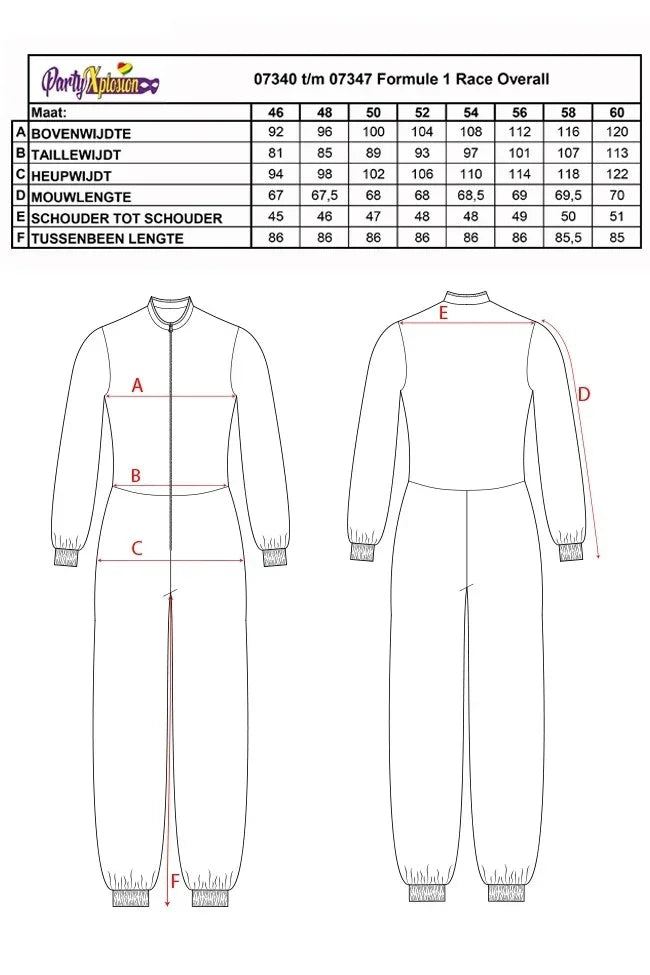 Maattabel en schematische tekening Formule 1 race overall carnavalskleding.