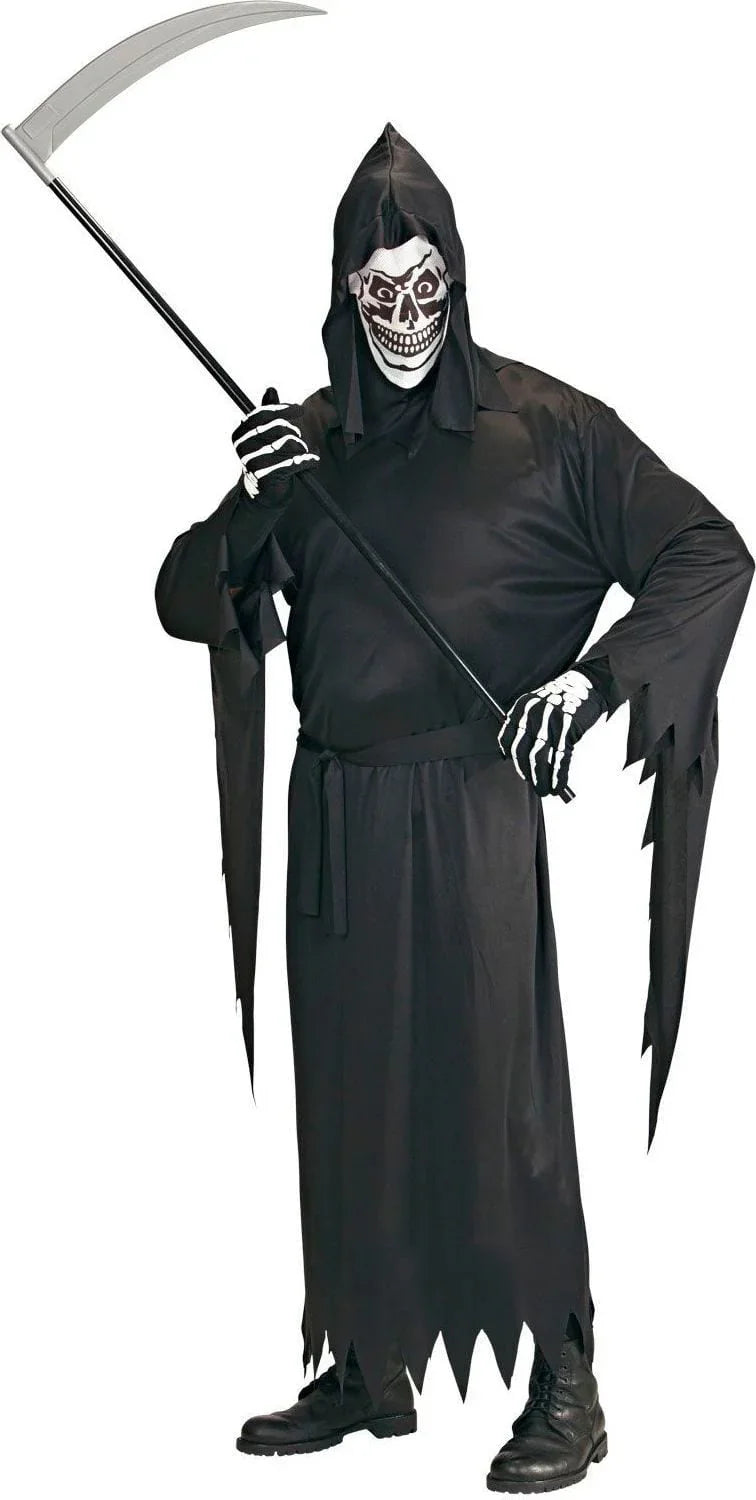 Griezelig grim reaper kostuum met masker, capuchon en zeis voor Halloween feestkleding