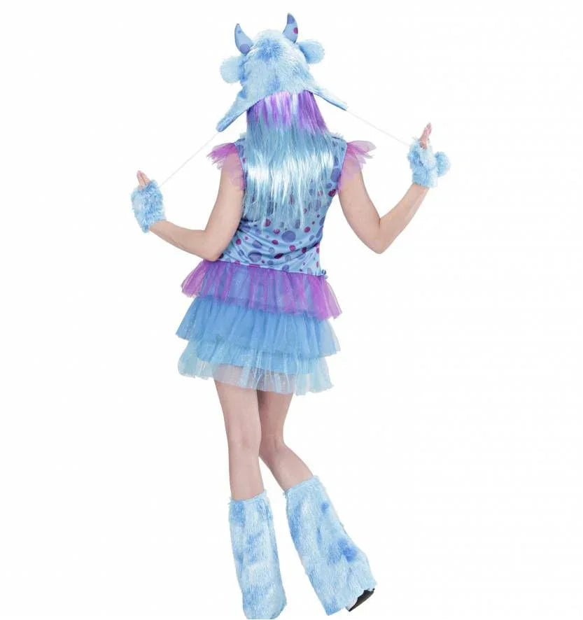 Blauw en paars buitenaards Halloween kostuum voor dames met hoorns, rok en beenwarmers