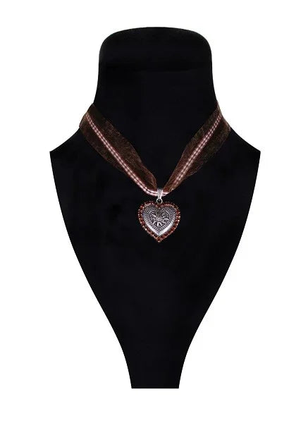 Bruine halsketting met hartvormige hanger en strass, accessoire voor feestkleding.