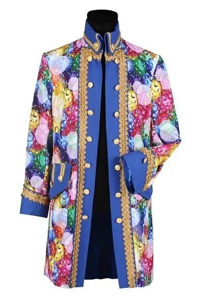 Carnavalsjas voor heren in blauw met kleurrijke confetti print en goudkleurige details