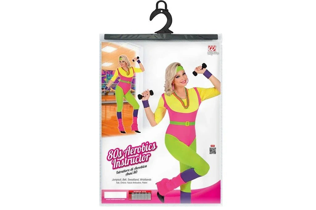 Jaren 80 fluor dames aerobics pakje in geel, roze en groen, perfect voor feestkleding en carnaval
