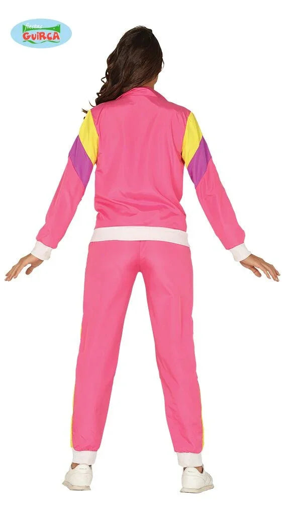 Jaren 80 trainingspak dames roze met gele en paarse details, feestkleding carnaval