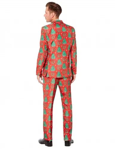 herenkostuum met kerstboom print rood groen, feestkleding voor kerst, achterkant gezien