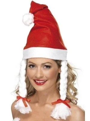 Kerstmuts met vlechten, rood-wit, feestkleding accessoire voor kerstfeest