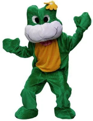 Groen kikker pak mascotte kostuum voor carnaval en feestkleding, met gele buik en grote ogen.