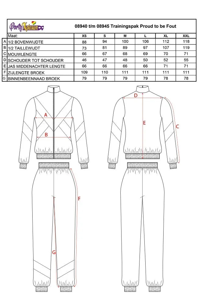 Maattabel en technische tekening van Proud to be Fout trainingspak, ideaal voor feestkleding.