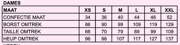 Maattabel disco kleding