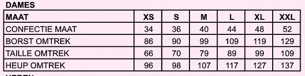 Maattabel dames voor feestkleding, maten XS-XXL, borst, taille en heupomtrek in centimeters.
