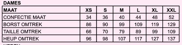 maattabel dames