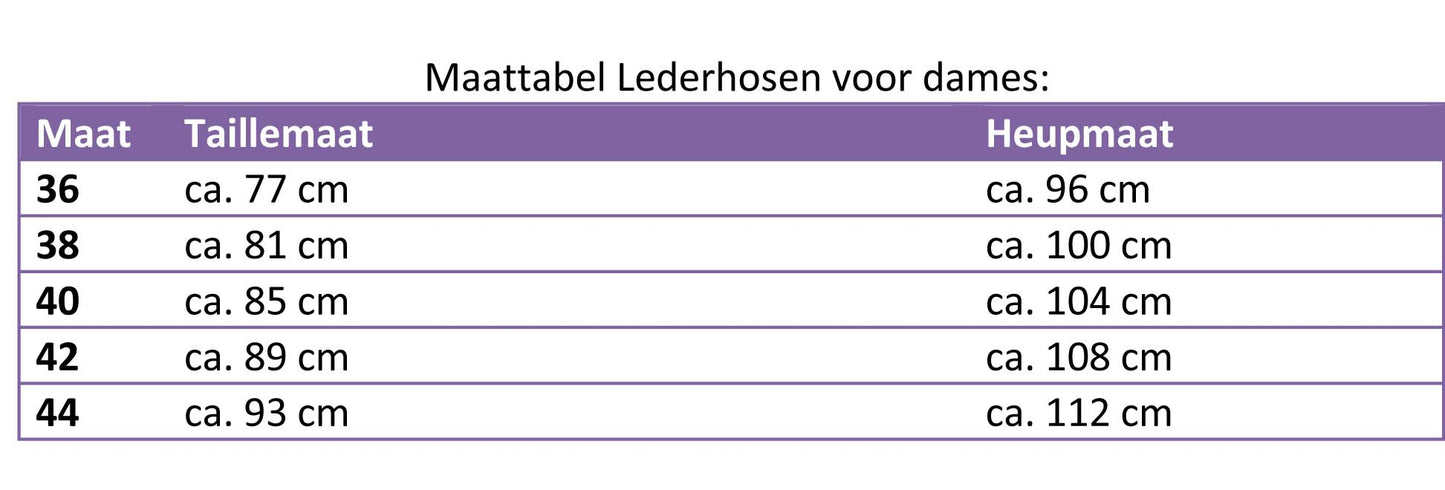 maattabel dames lederhose