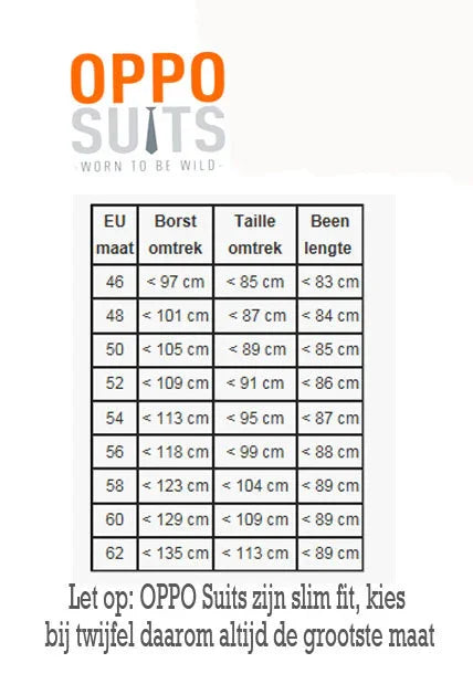Maattabel voor OPPO Suits feestkleding met borstomtrek, tailleomtrek en beenlengte per EU maat.