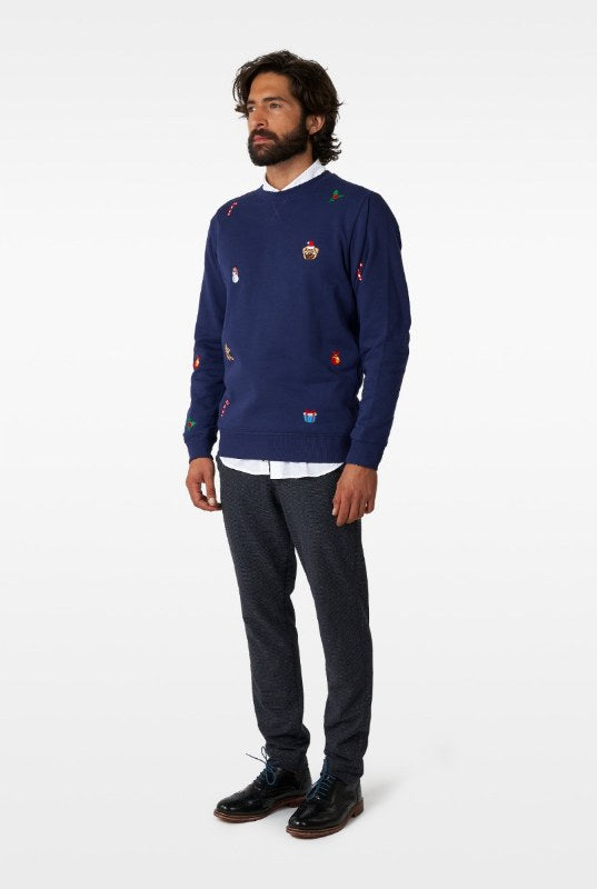 blauwe kersttrui met borduursels