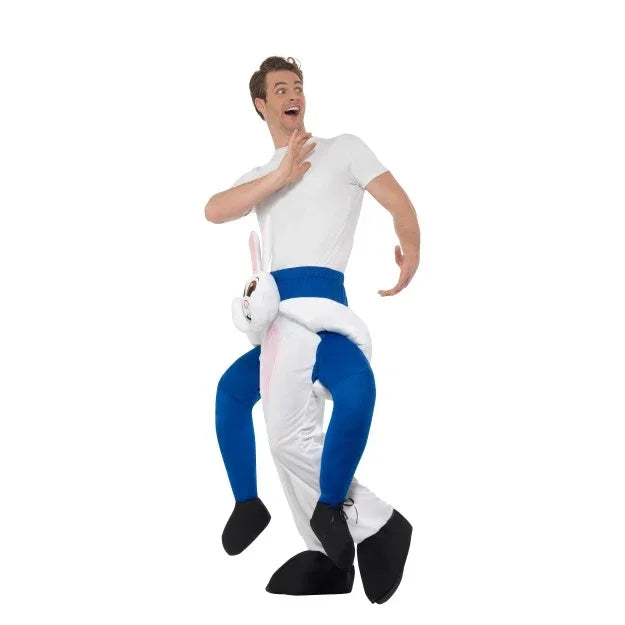 Piggyback konijn kostuum voor volwassenen, grappig carnavalskostuum in het wit en blauw.