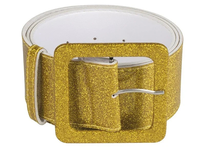 Glitterende gouden riem met brede gesp, perfect als accessoire voor feestkleding en carnaval