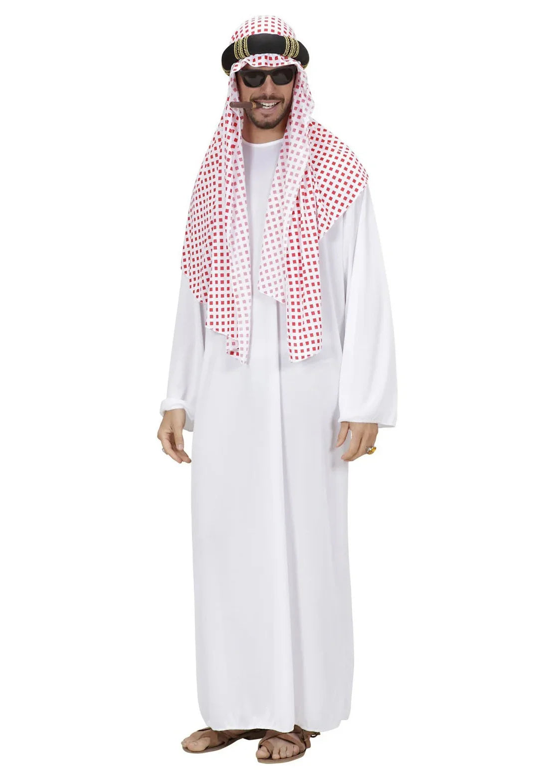 Arabisch sheik kostuum voor carnaval, wit gewaad met rood-witte hoofddoek en zonnebril