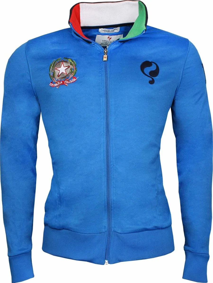 Blauw Italiaans sportjack met ritssluiting en feestkleding details, ideaal voor carnaval.