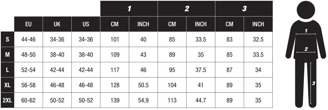 Maattabel herenpak; EU, UK, US maten in S tot 2XL, afmetingen in cm en inches, illustratie met meetpunten.