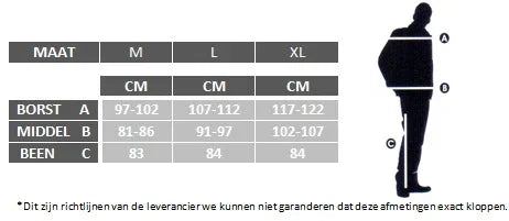 Maattabel herenpakken voor feestkleding met borst-, middel- en beenafmetingen in cm.