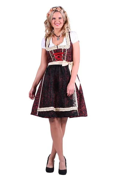 Vrouw in traditionele Tiroler jurk met rood-zwart kant, feestkleding voor Oktoberfest