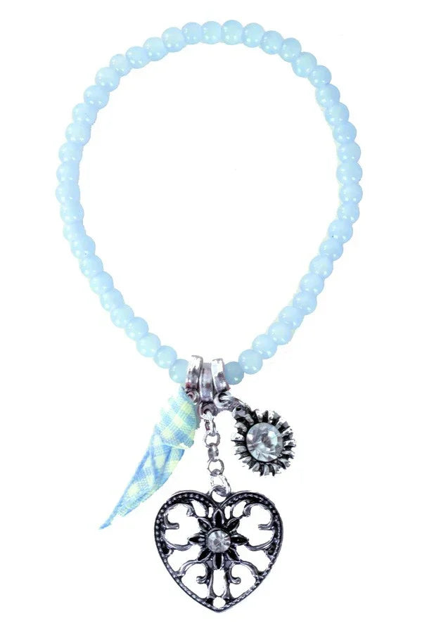 Blauwe Tiroler armband met kralen, hartvormige bedel en geruit lintje voor Oktoberfest